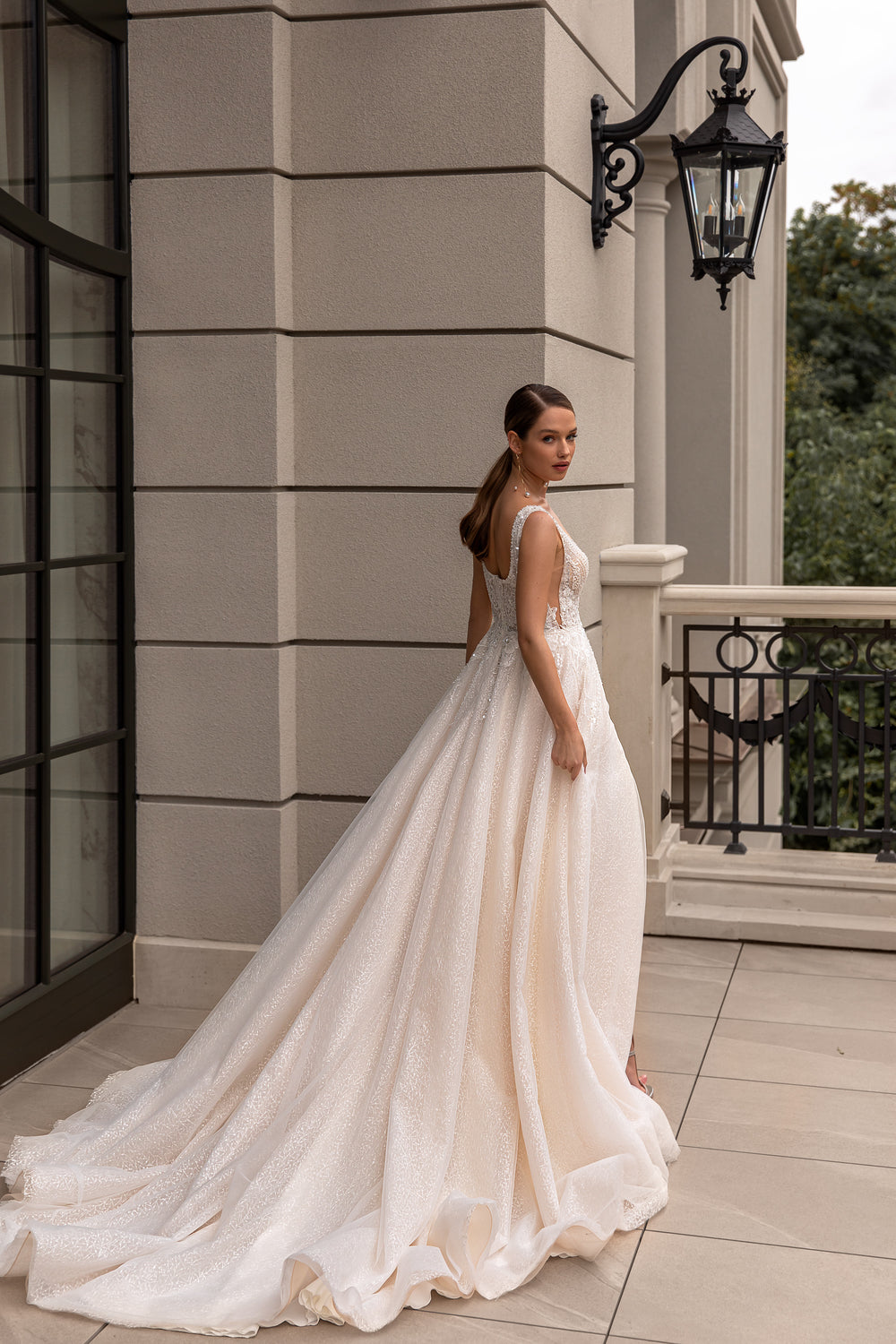 A-Line Shiny Wedding Gown with Square Neck and Slit Skirt