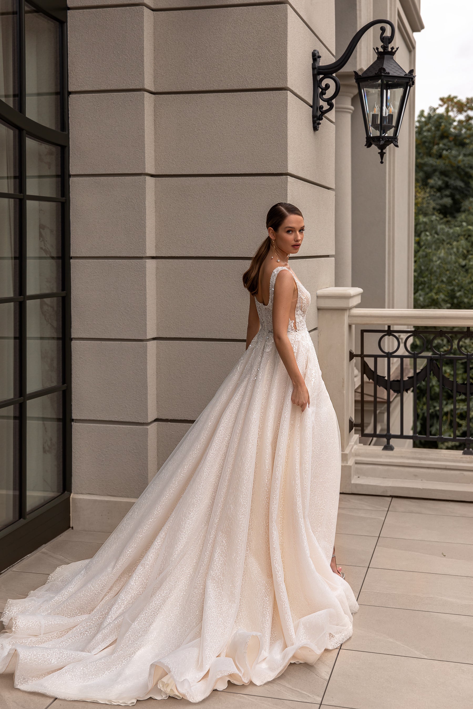 A-Line Shiny Wedding Gown with Square Neck and Slit Skirt