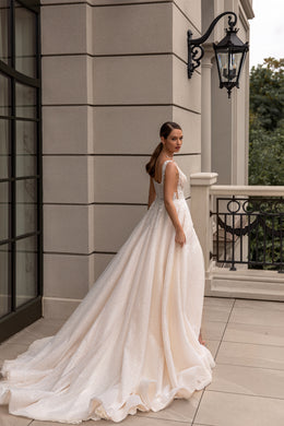 A-Line Shiny Wedding Gown with Square Neck and Slit Skirt