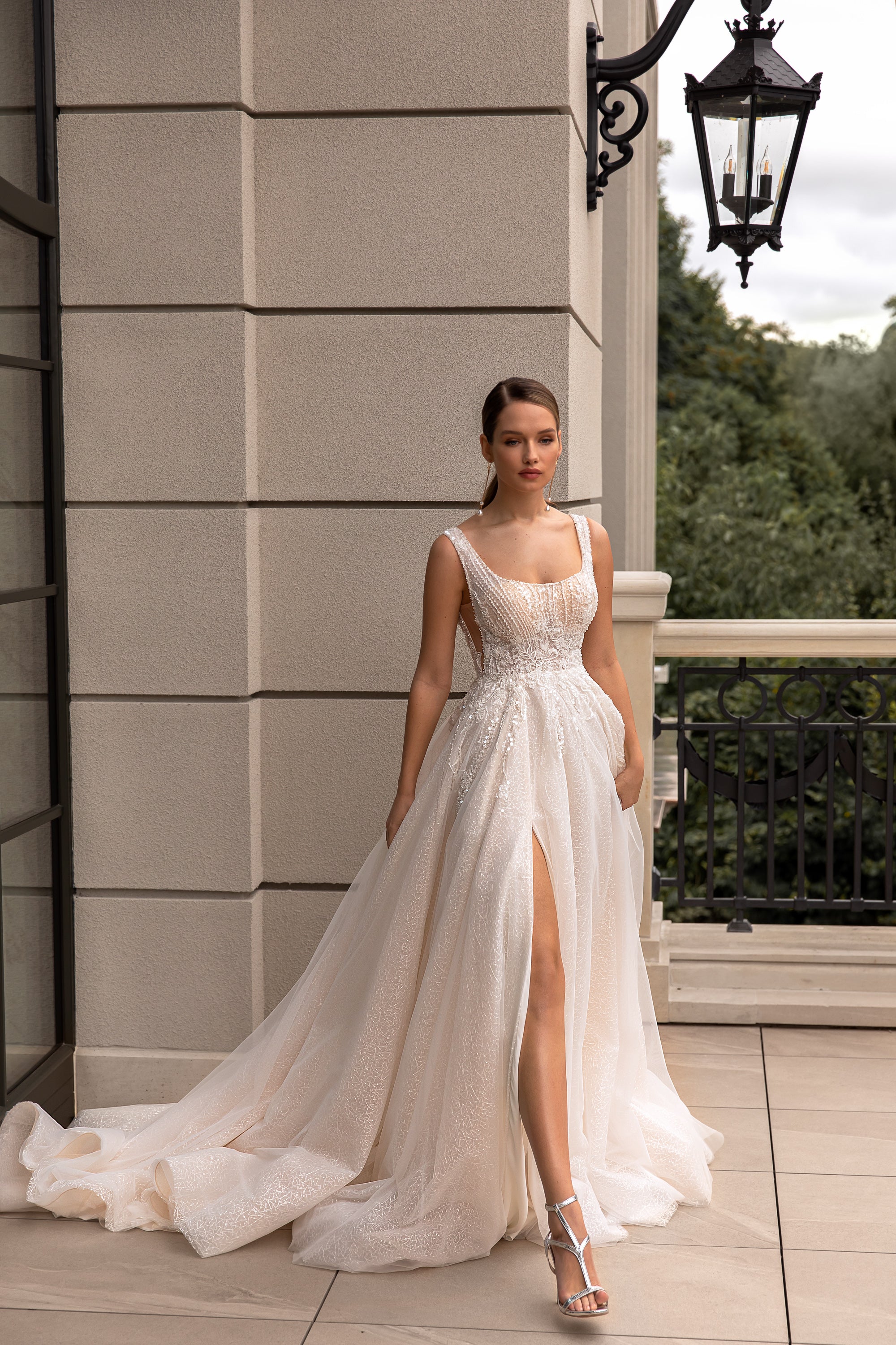 A-Line Shiny Wedding Gown with Square Neck and Slit Skirt