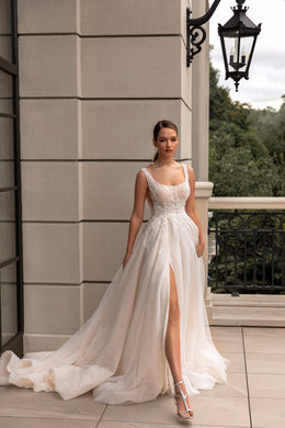 A-Line Shiny Wedding Gown with Square Neck and Slit Skirt