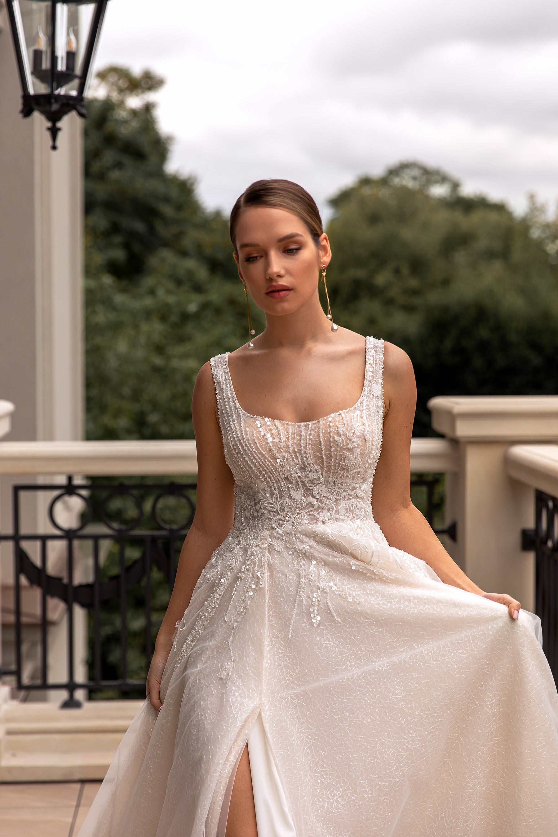 A-Line Shiny Wedding Gown with Square Neck and Slit Skirt
