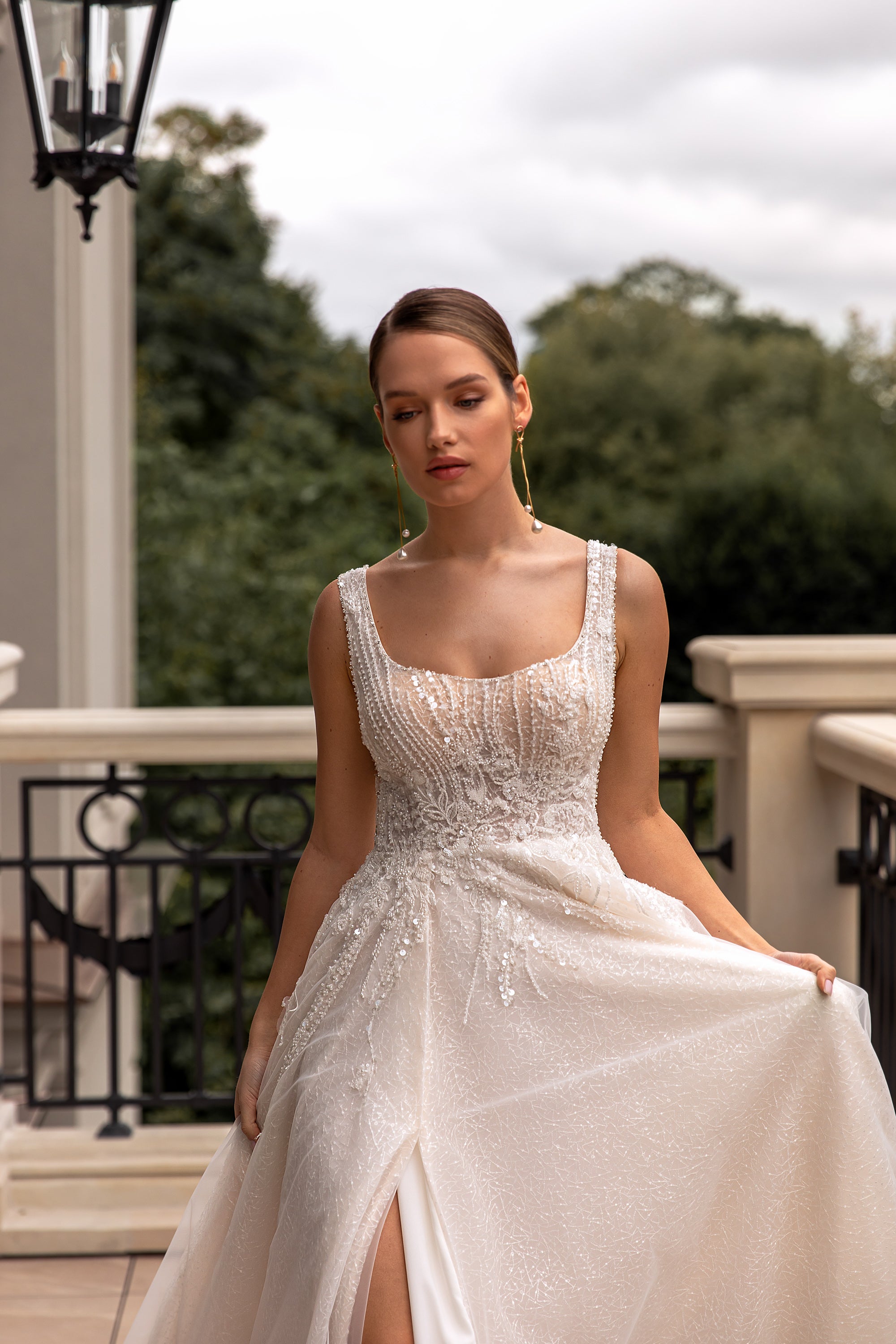 A-Line Shiny Wedding Gown with Square Neck and Slit Skirt