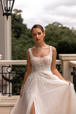 A-Line Shiny Wedding Gown with Square Neck and Slit Skirt