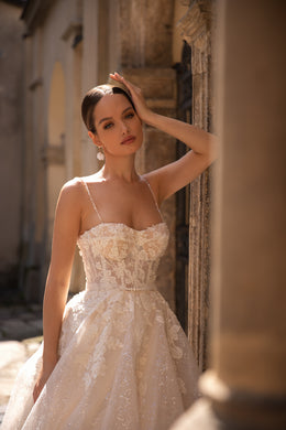 Gorgeous A-Line Glitter and Lace Bridal Dress with Spaghetti Straps and Detachable Tulle Cape