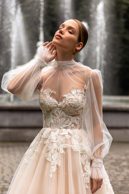Cappuccino Bridal Gown Beaded Lace Top with Long Tulle Sleeves and High Neck