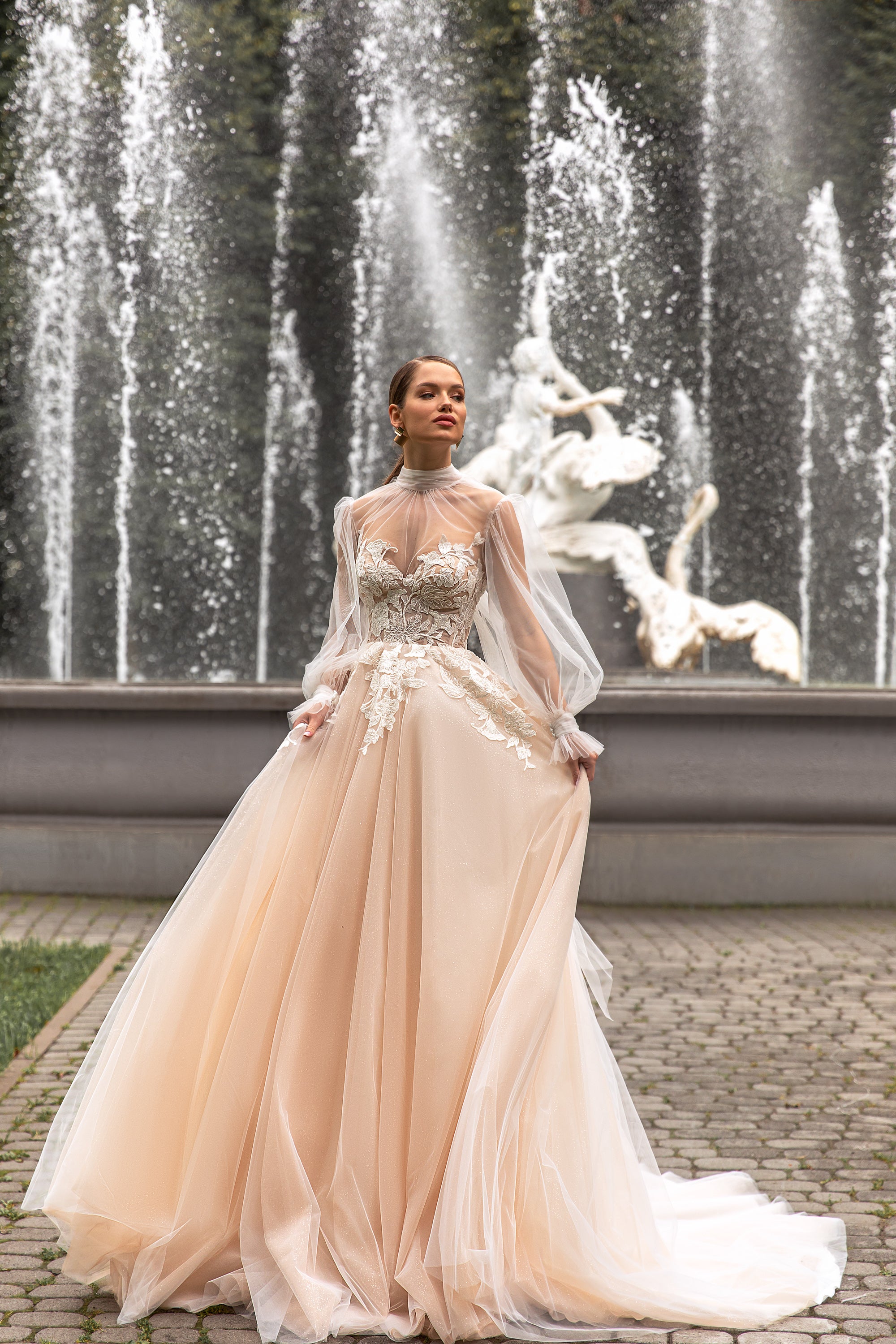 Cappuccino Bridal Gown Beaded Lace Top with Long Tulle Sleeves and High Neck