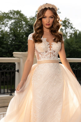 Elegant Wedding Dress Fit-and-Flare with Deep V-Neck, Lace Detachable Skirt, and Low Back