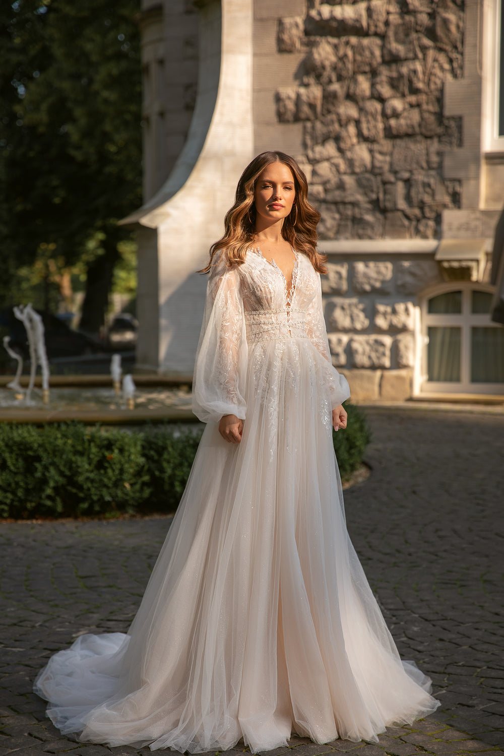 Elegant A-Line Long Dress with Deep V-Neck, Puffy Sleeves - Perfect for Your Fairytale Wedding!