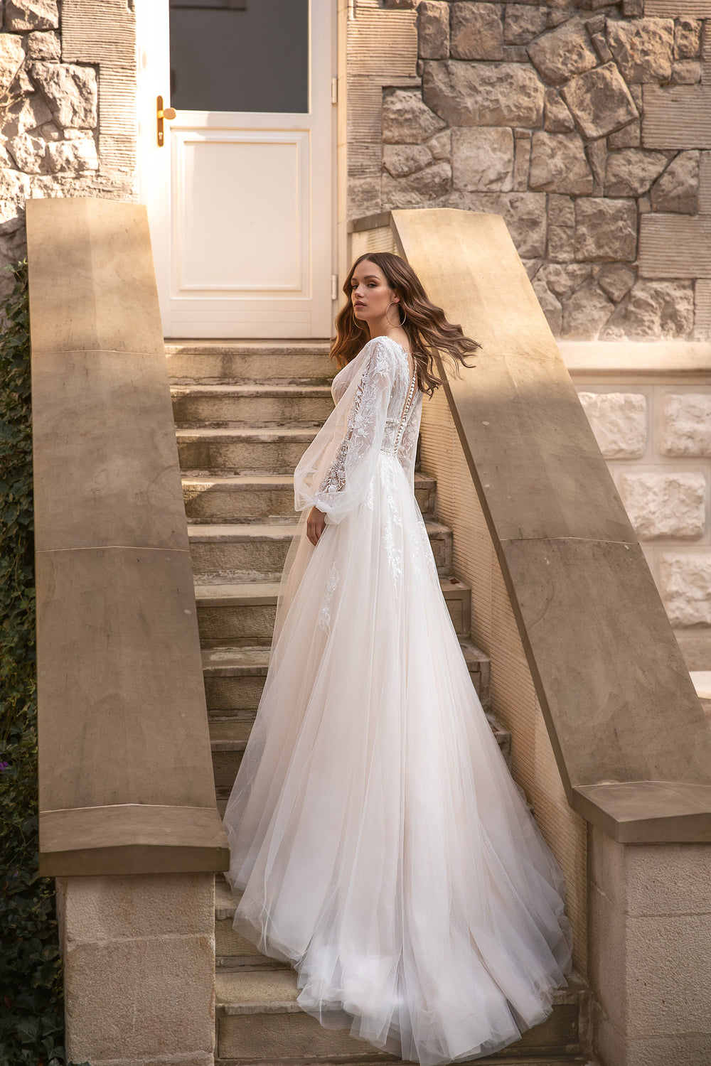 Elegant A-Line Long Dress with Deep V-Neck, Puffy Sleeves - Perfect for Your Fairytale Wedding!