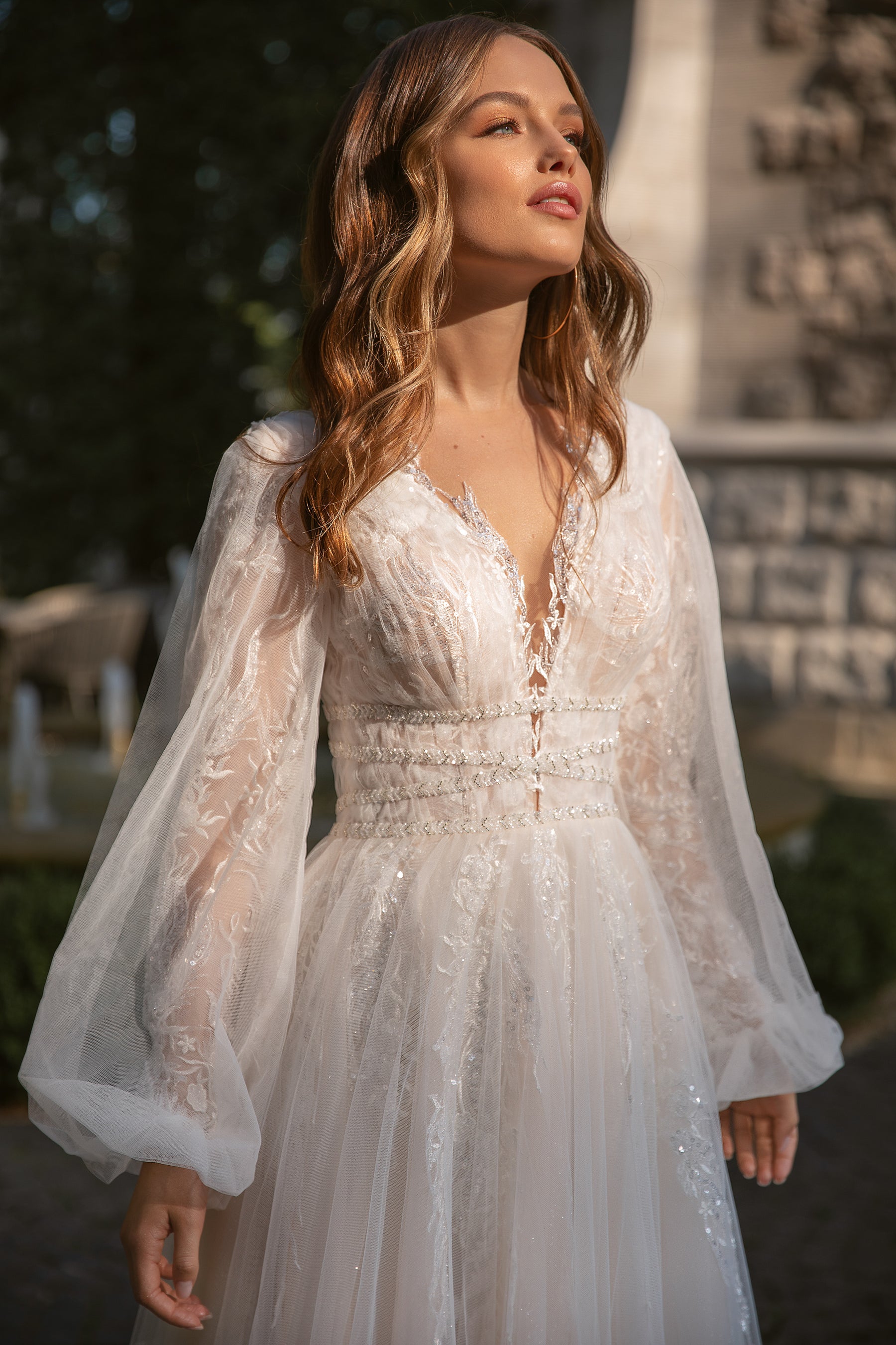 Elegant A-Line Long Dress with Deep V-Neck, Puffy Sleeves - Perfect for Your Fairytale Wedding!