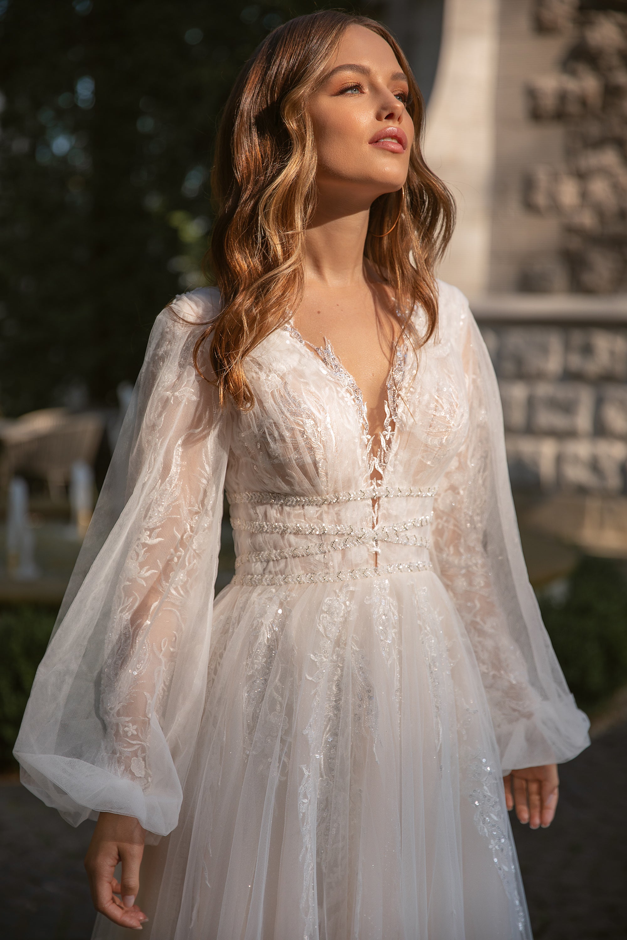 Elegant A-Line Long Dress with Deep V-Neck, Puffy Sleeves - Perfect for Your Fairytale Wedding!