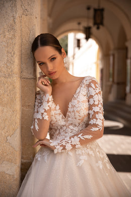 Elegant Wedding Gown with Deep V-Neck, Ballgown Silhouette, Lace Top, Tulle Skirt, and Long Lace Sleeves