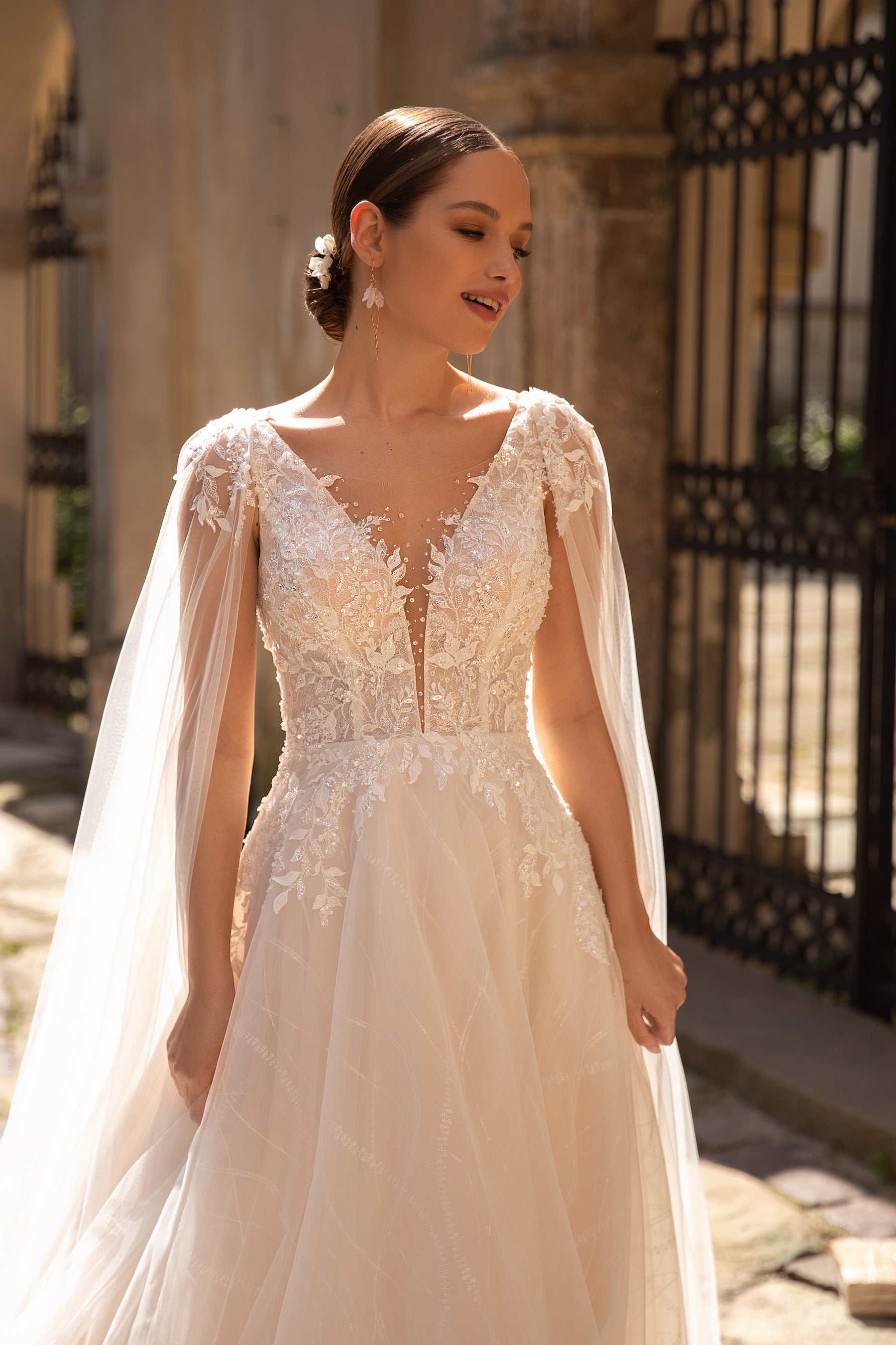Elegant A-Line Tulle Bridal Dress with Long Wings, Deep V-Neck, and Lace Top