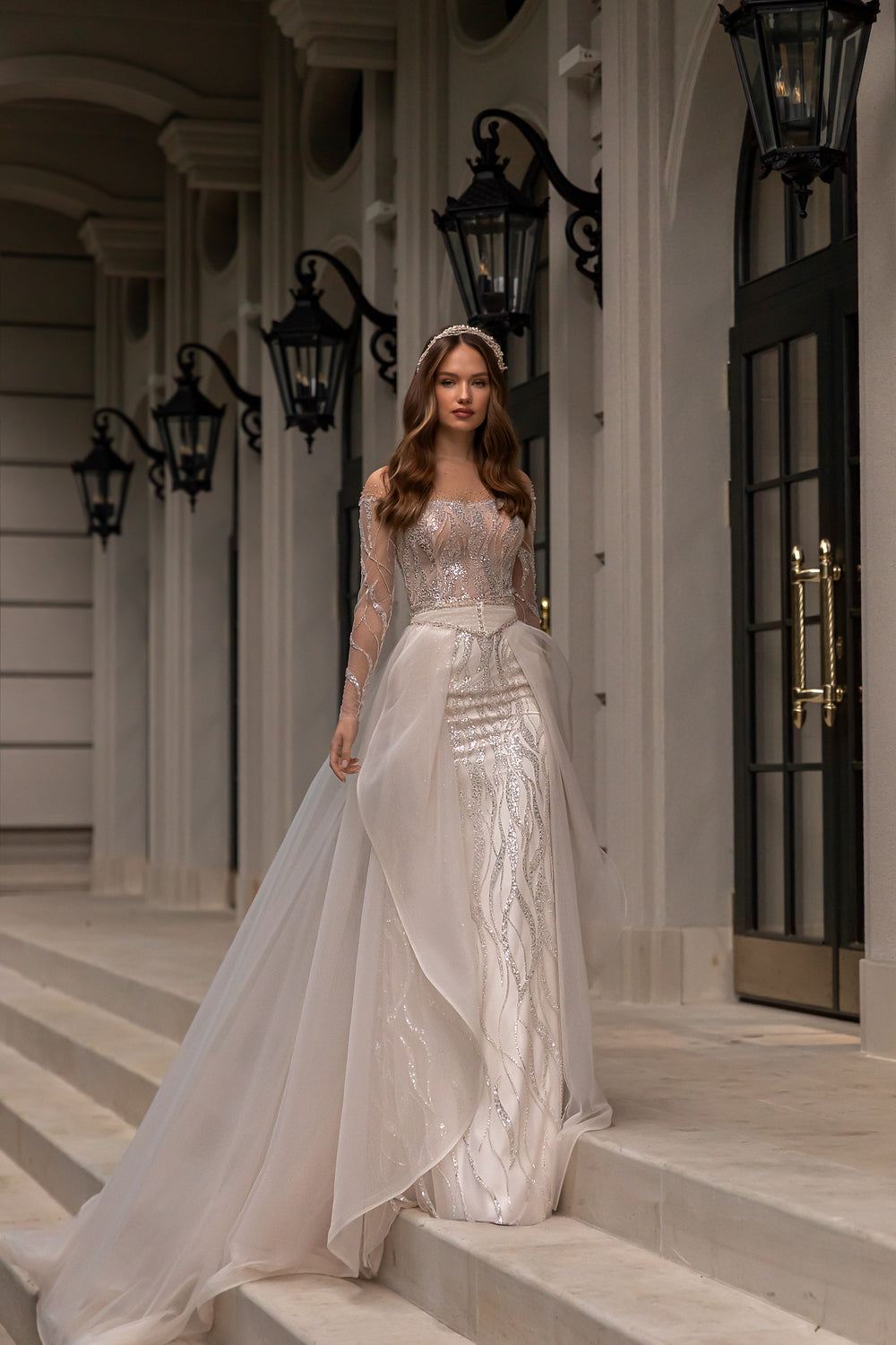 Royal Bridal Gown with Sheath Silhouette, Lace Long Sleeves, and Detachable Skirt