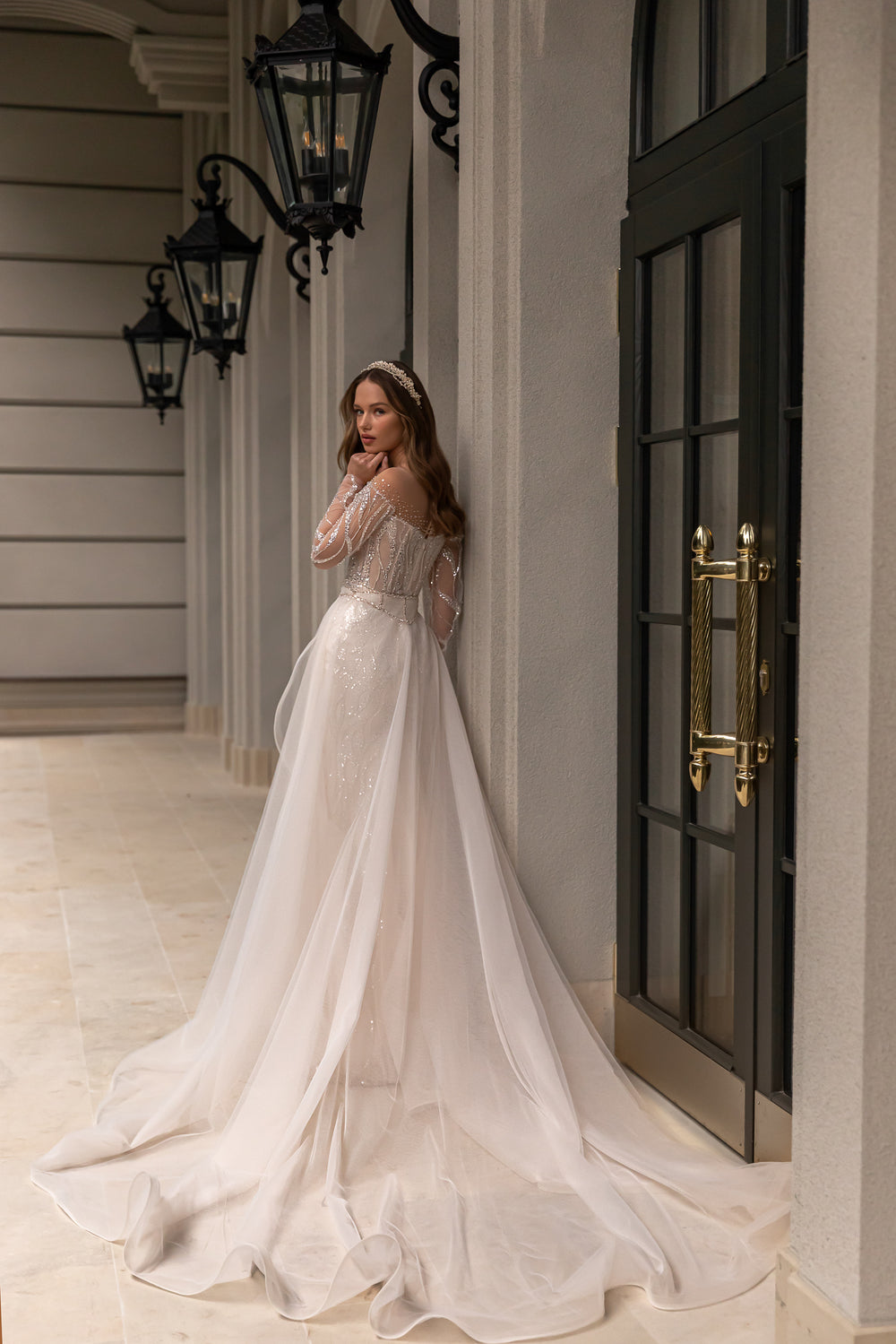 Royal Bridal Gown with Sheath Silhouette, Lace Long Sleeves, and Detachable Skirt
