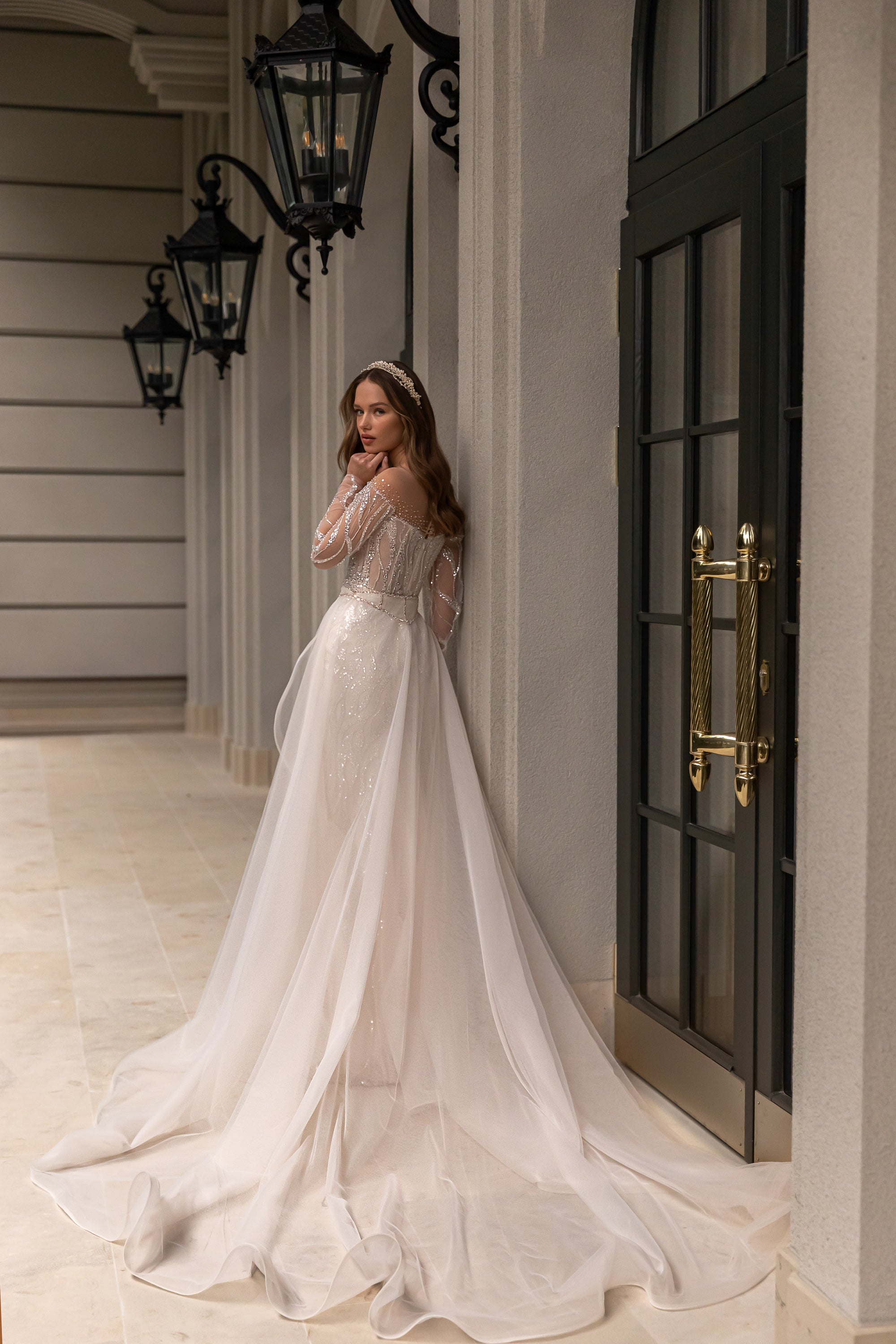 Royal Bridal Gown with Sheath Silhouette, Lace Long Sleeves, and Detachable Skirt