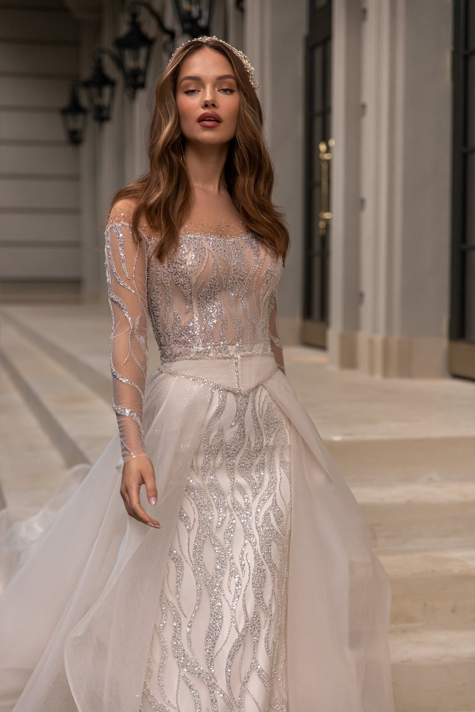 Royal Bridal Gown with Sheath Silhouette, Lace Long Sleeves, and Detachable Skirt
