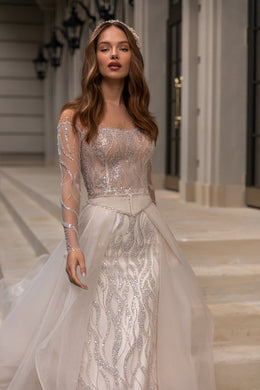 Royal Bridal Gown with Sheath Silhouette, Lace Long Sleeves, and Detachable Skirt