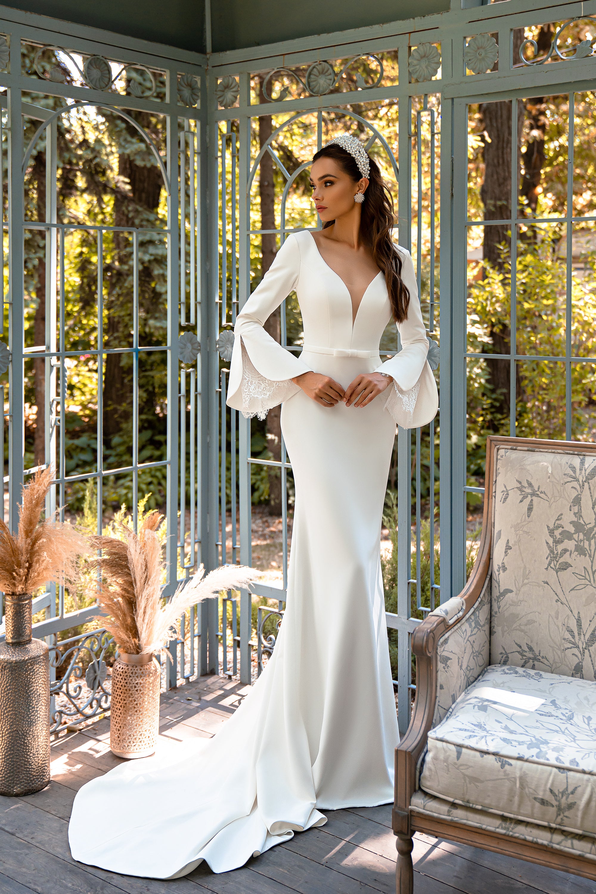 Mermaid Wedding Dress with Lace-Trim Bell Sleeves